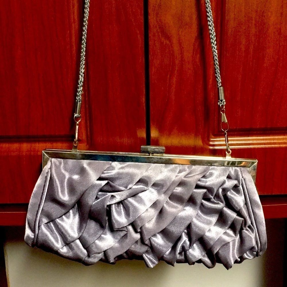 Gray satin ruffle clutch 